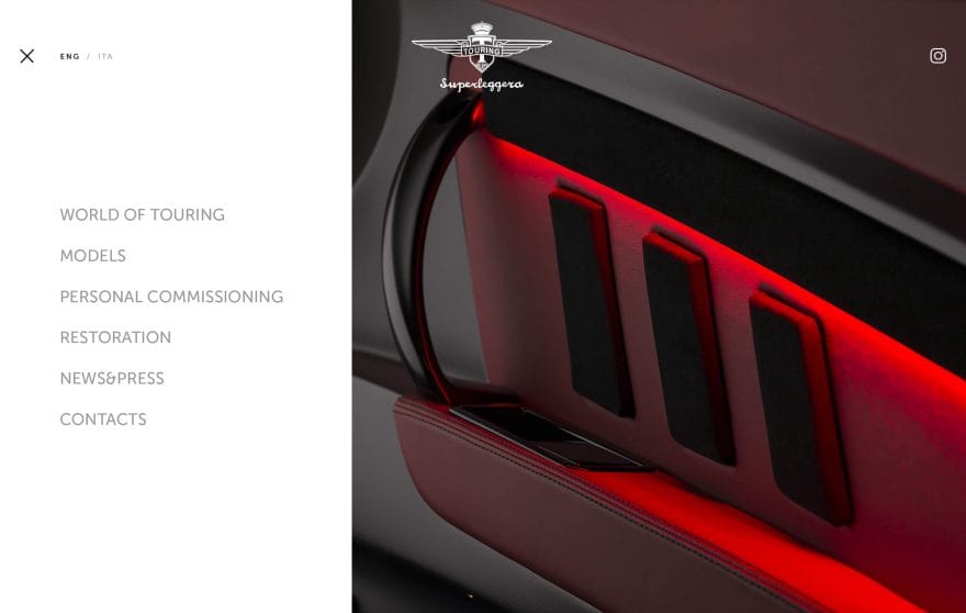 Schermata dal sito web di Touring Superleggera