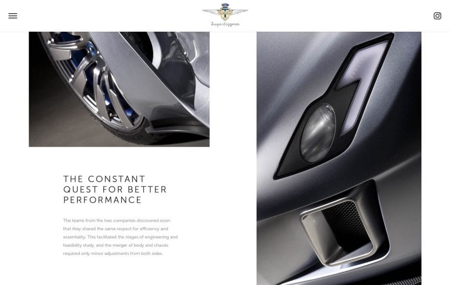Schermata dal sito web di Touring Superleggera