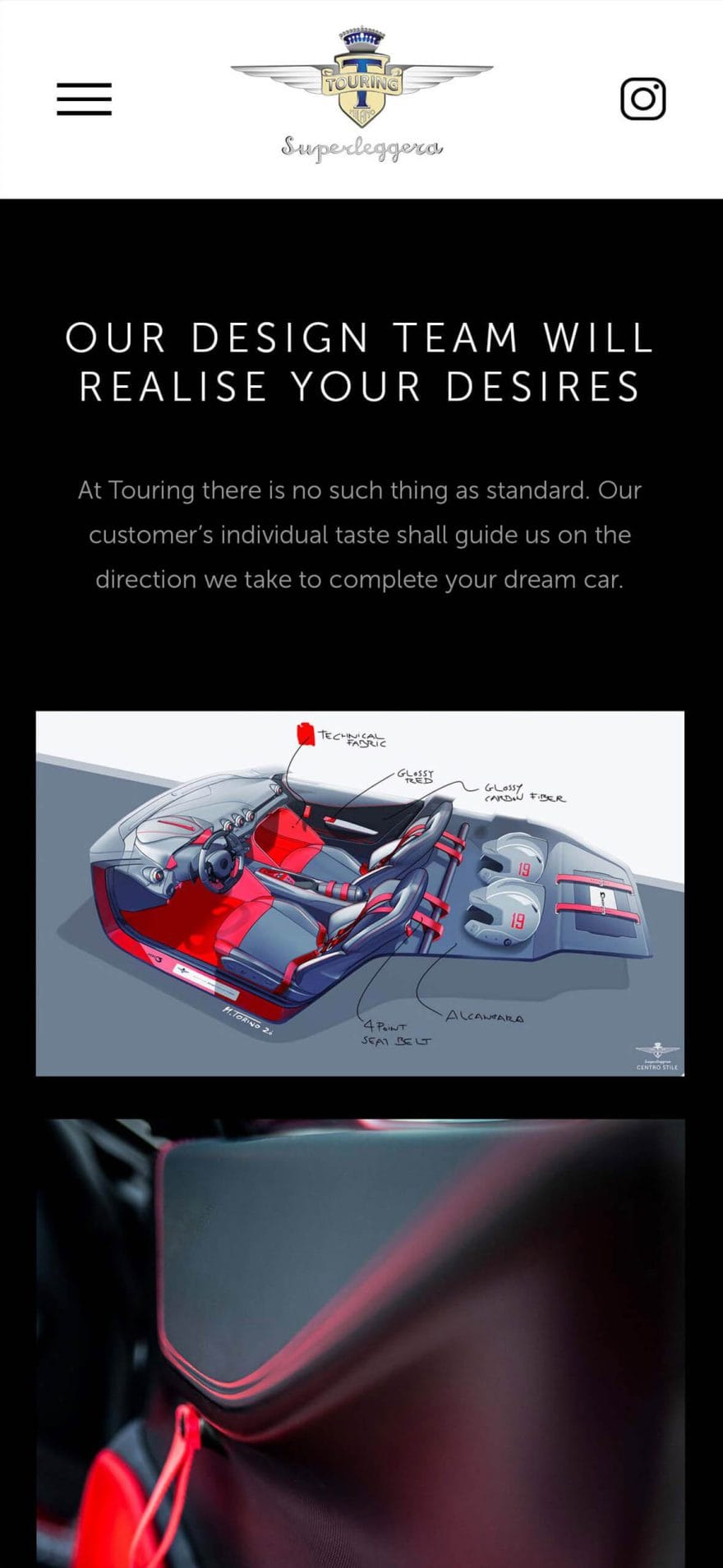 Schermata dal sito web di Touring Superleggera