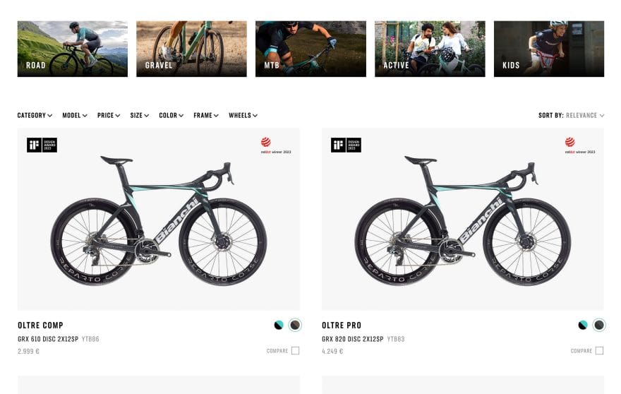 Schermata dal sito web di Bianchi