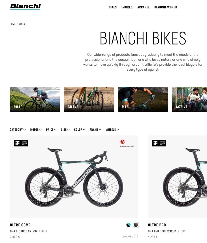 Schermata dal sito web di Bianchi