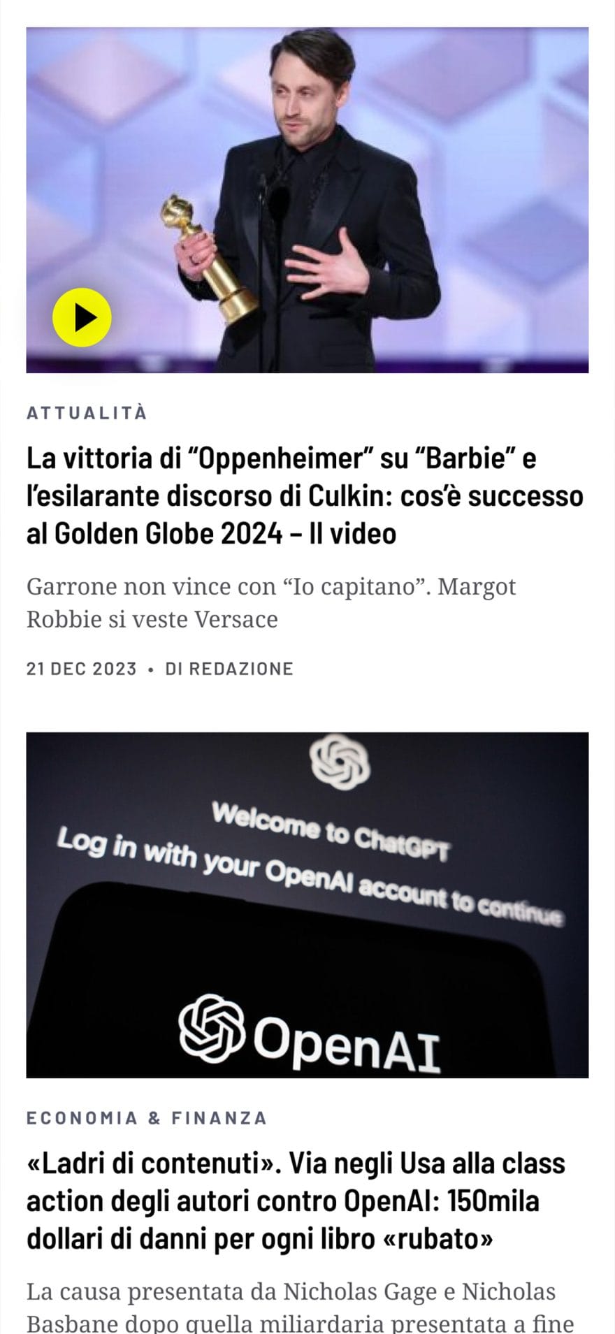 Schermata dal sito web di Open