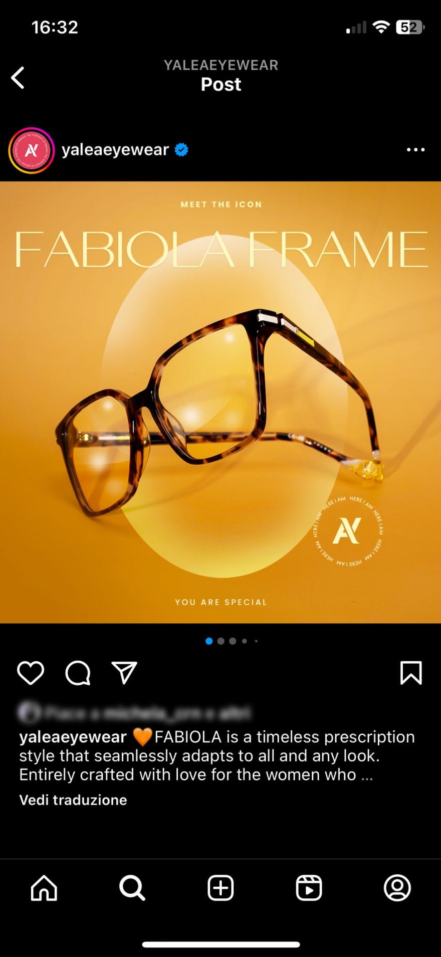 Schermata dal sito web di Yalea Eyewear
